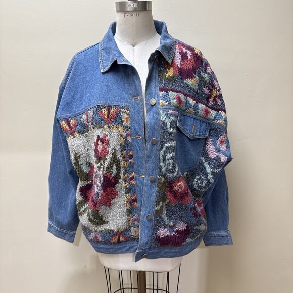 Vintage Together Denim Jacket L Floral Knit Appliqué Oversized 80s 90s Jean Coat - Picture 1 of 9